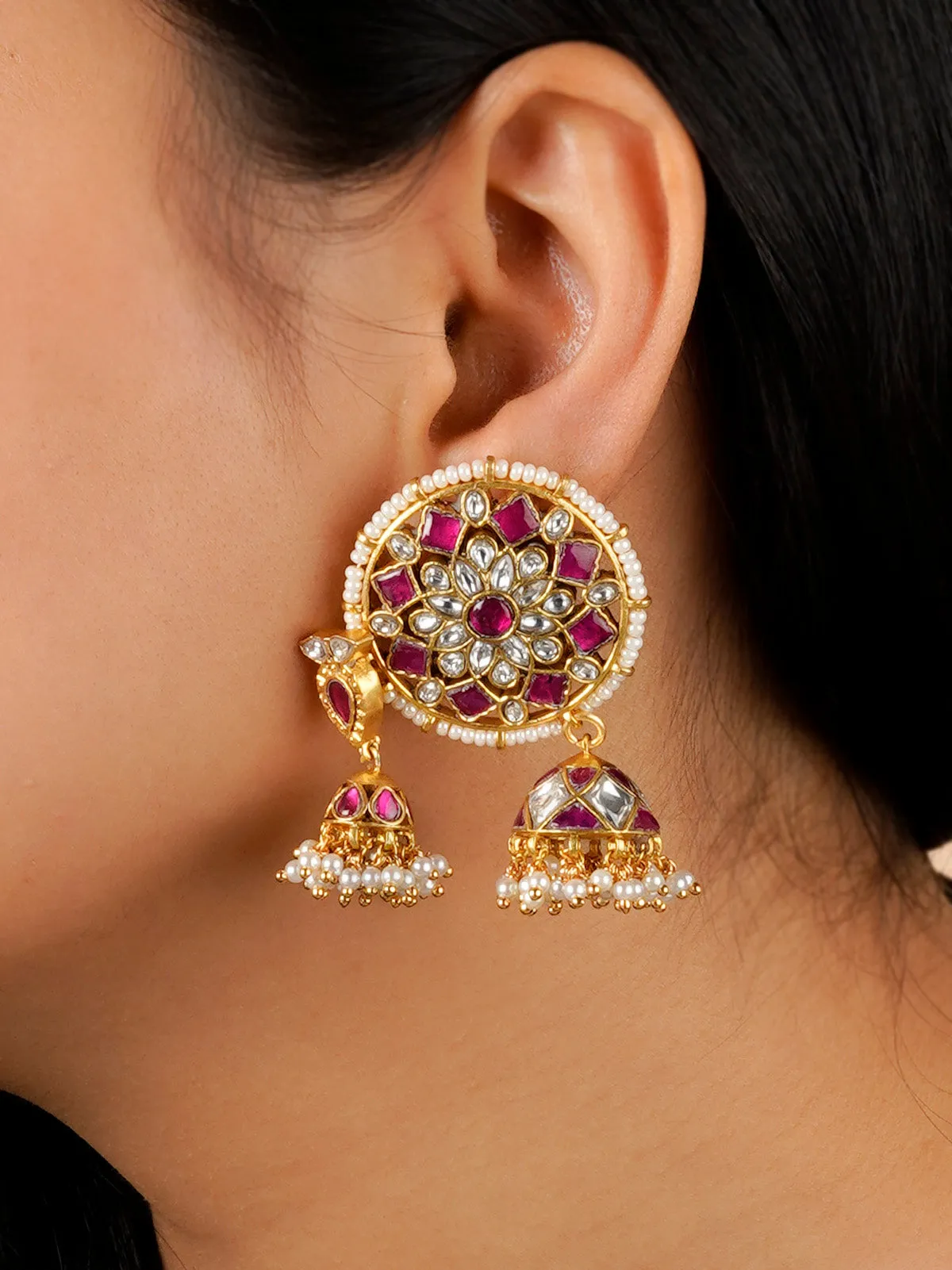 Pink Color Gold Plated Jadau Kundan Earrings - ME1182WP