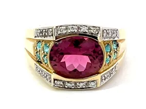 Pink Rubellite Garnet, Blue Paraiba and Tourmaline Diamond Ring 14k Yellow Gold