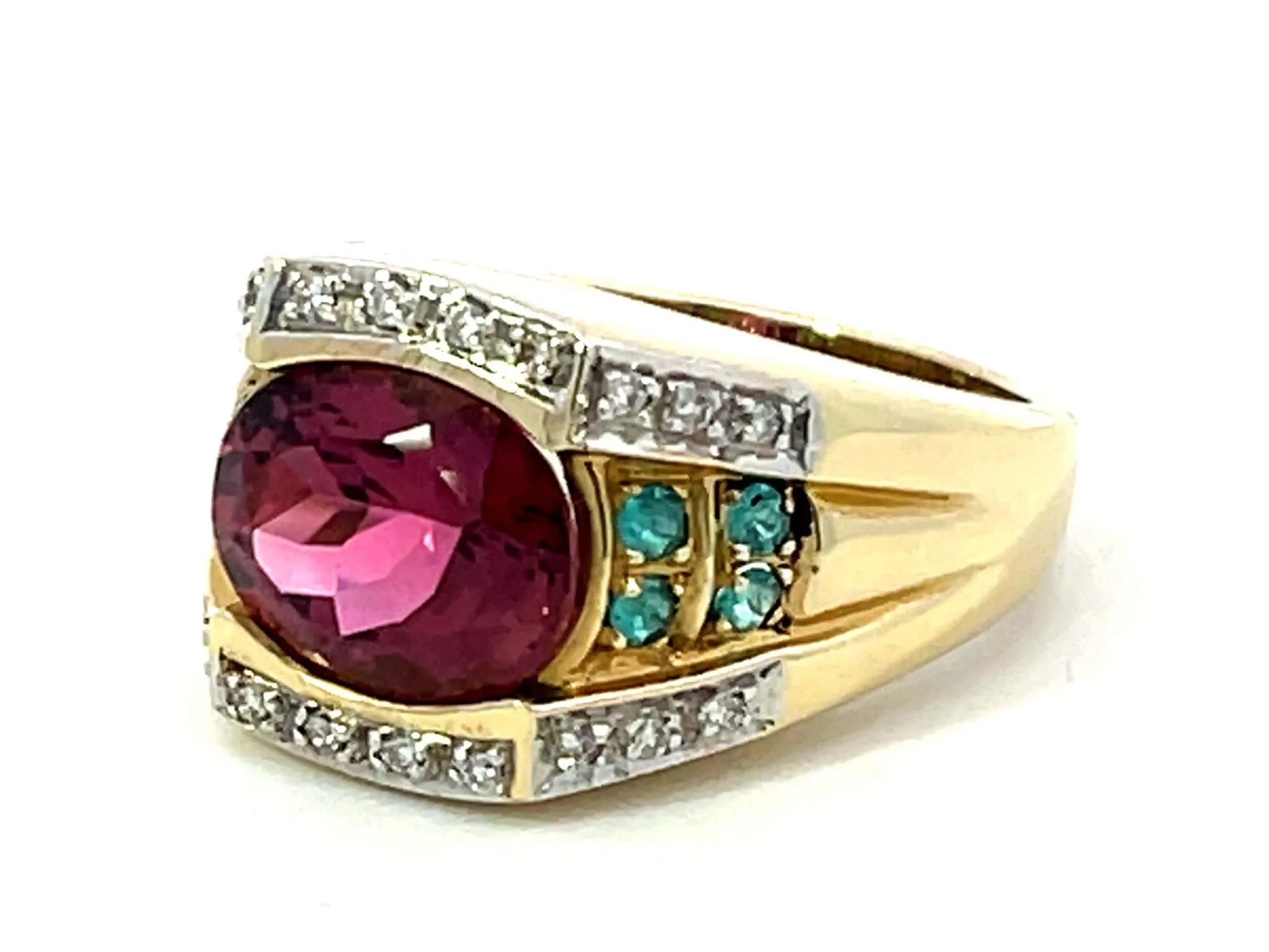 Pink Rubellite Garnet, Blue Paraiba and Tourmaline Diamond Ring 14k Yellow Gold