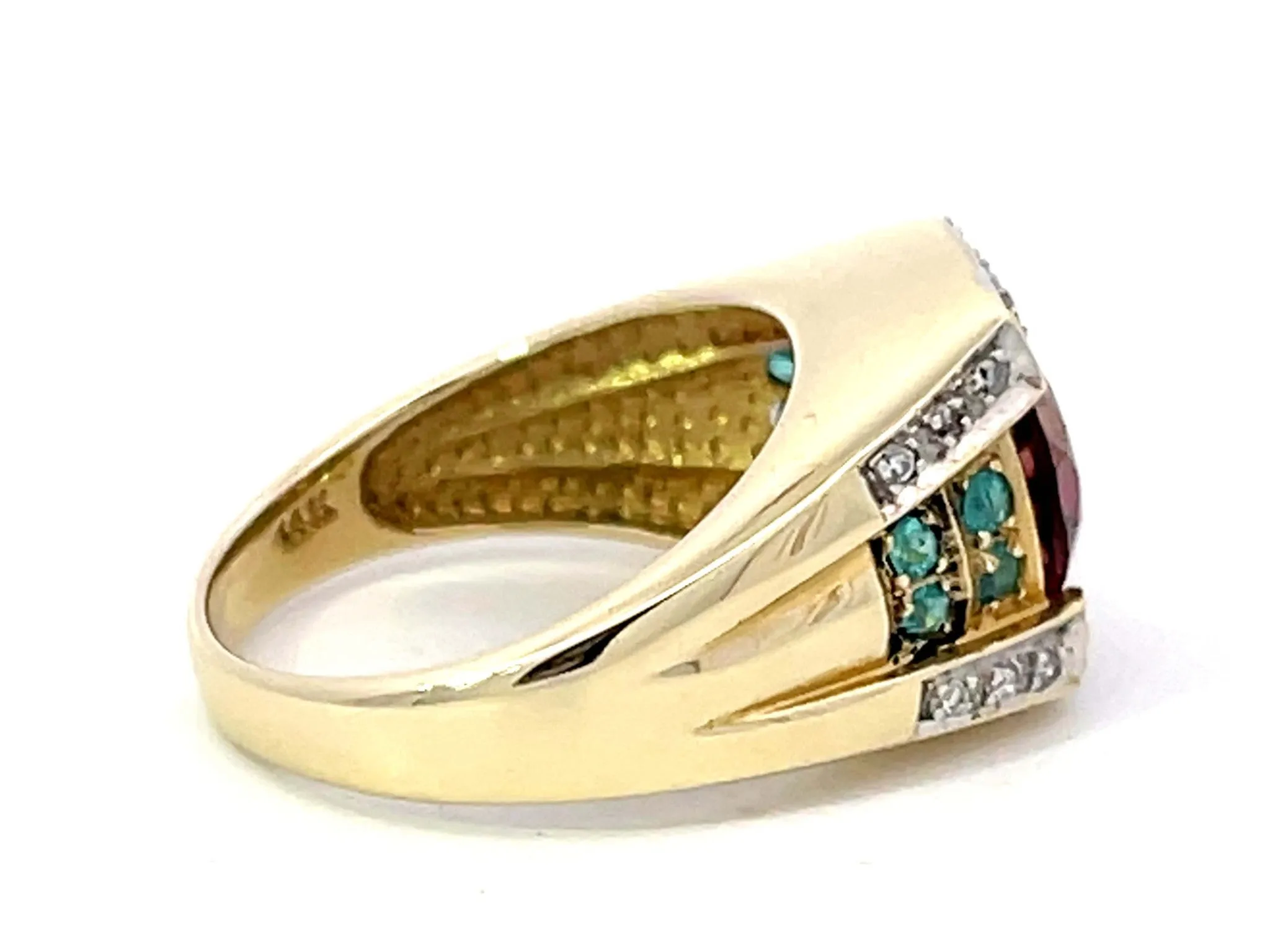 Pink Rubellite Garnet, Blue Paraiba and Tourmaline Diamond Ring 14k Yellow Gold