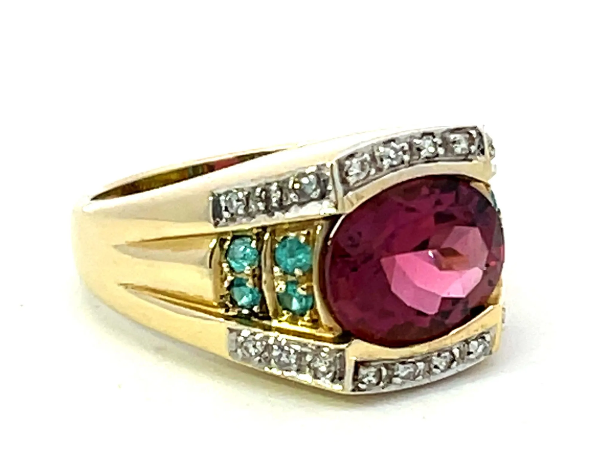 Pink Rubellite Garnet, Blue Paraiba and Tourmaline Diamond Ring 14k Yellow Gold