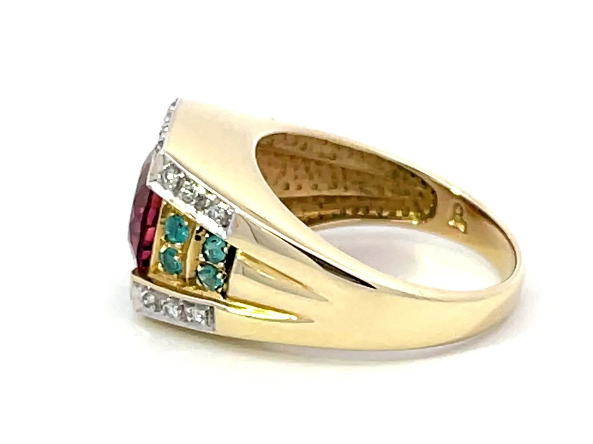 Pink Rubellite Garnet, Blue Paraiba and Tourmaline Diamond Ring 14k Yellow Gold