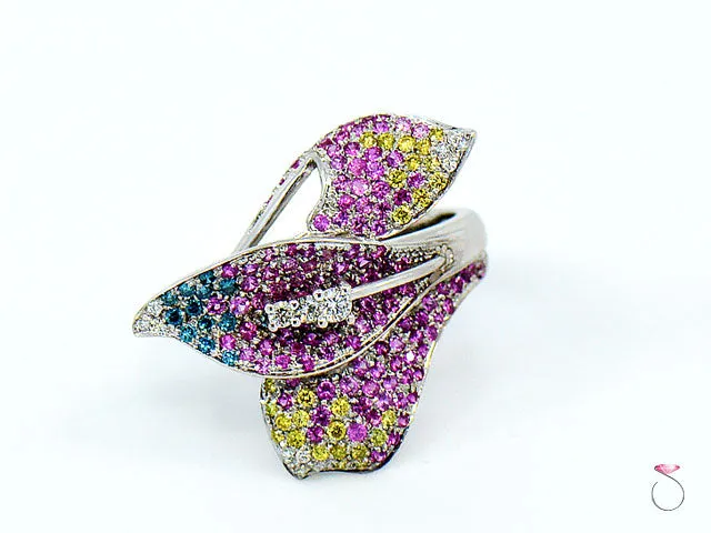 Pink Sapphire & Multi Color Diamond Designer Floral 18K Ring