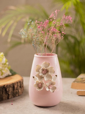 Pink Ceramic Vase - Engraved Floral & Ribbed Pattern, Flower Holder dried green plant  