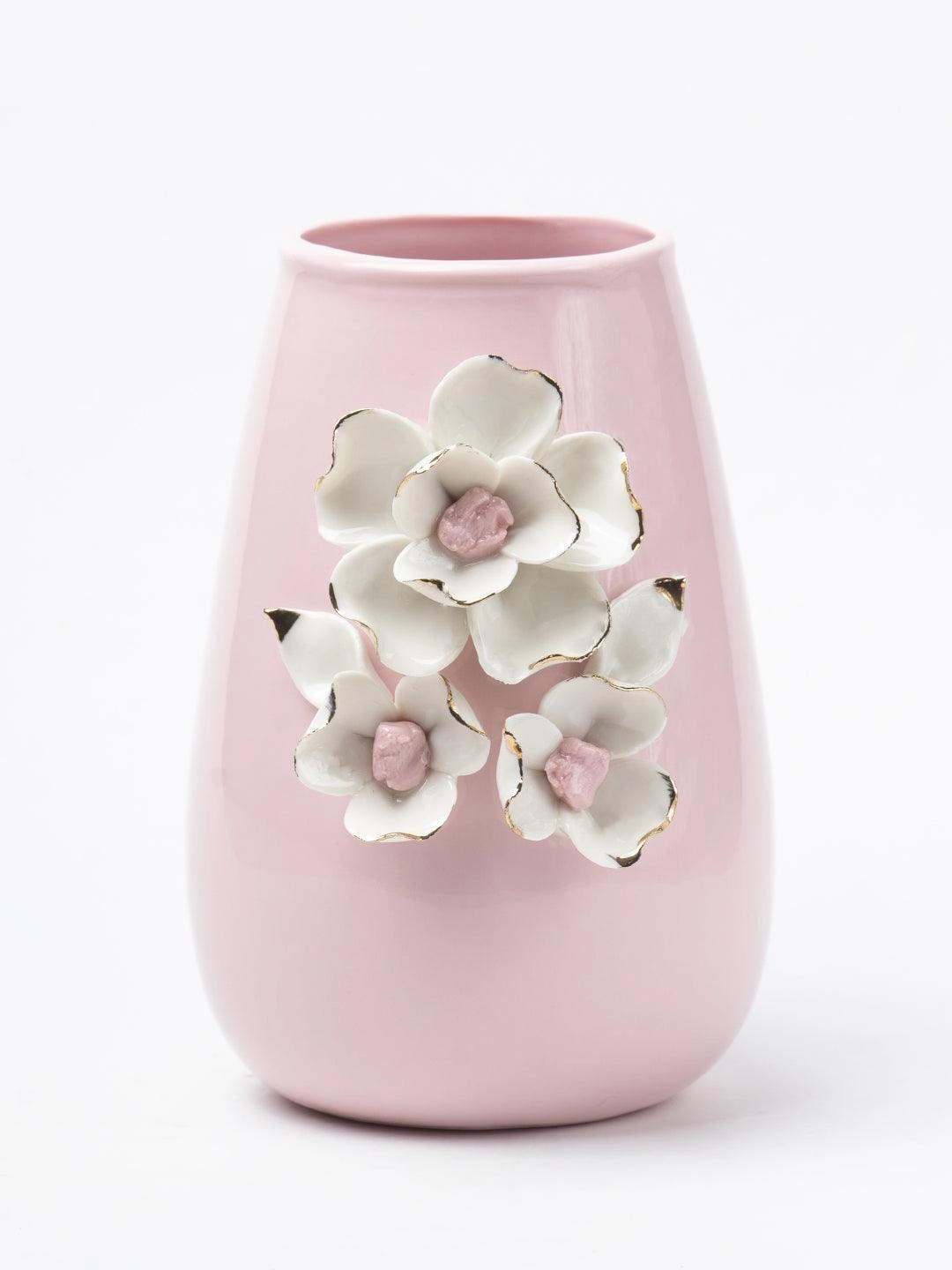 Pink Ceramic Vase - Engraved Floral & Ribbed Pattern, Flower Holder