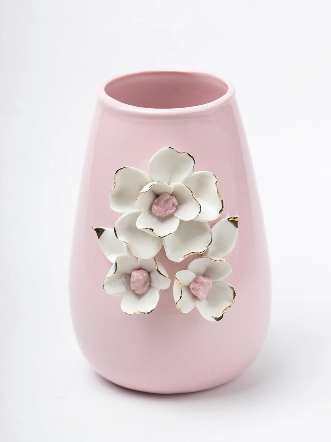 Pink Ceramic Vase - Engraved Floral & Ribbed Pattern, Flower Holder