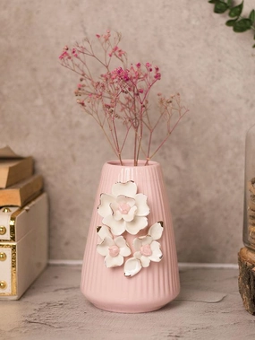 Pink Ceramic Vase - Engraved Floral Pattern, Flower Holder dried green plant  