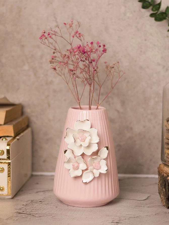 Pink Ceramic Vase - Engraved Floral Pattern, Flower Holder dried green plant  