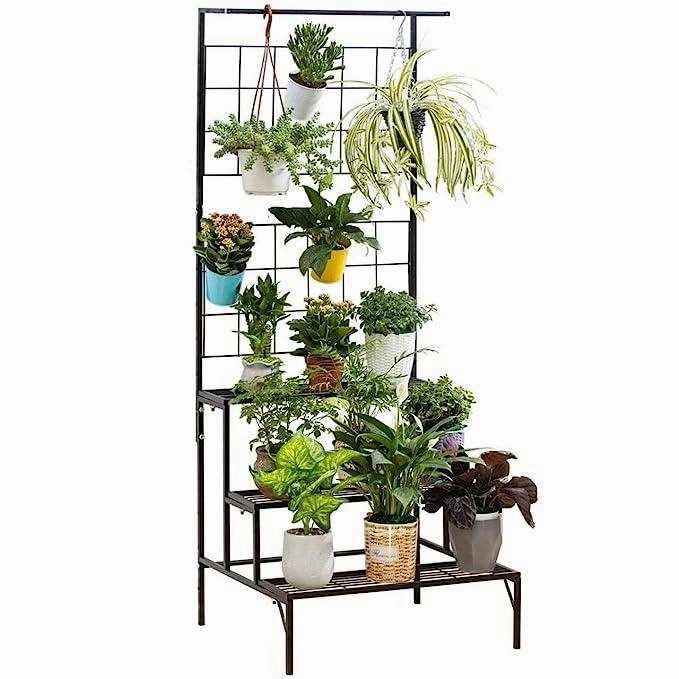 Plant Stand 3-Tier Hanging Shelves Flower Pot Organizer Multiple Flower Display Holder Indoor Outdoor Heavy Duty Potted Planter Rack Unit with Grid Panel for Living Room Balcony