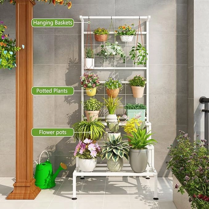 Plant Stand 3-Tier Hanging Shelves Flower Pot Organizer Multiple Flower Display Holder Indoor Outdoor Heavy Duty Potted Planter Rack Unit with Grid Panel for Living Room Balcony