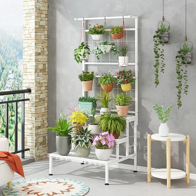 Plant Stand 3-Tier Hanging Shelves Flower Pot Organizer Multiple Flower Display Holder Indoor Outdoor Heavy Duty Potted Planter Rack Unit with Grid Panel for Living Room Balcony cactus succulent plant  