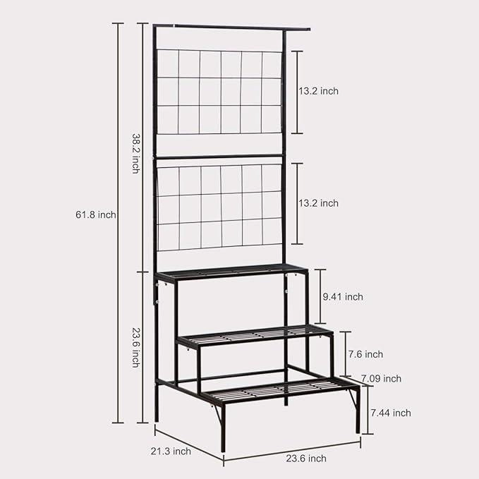 Plant Stand 3-Tier Hanging Shelves Flower Pot Organizer Multiple Flower Display Holder Indoor Outdoor Heavy Duty Potted Planter Rack Unit with Grid Panel for Living Room Balcony