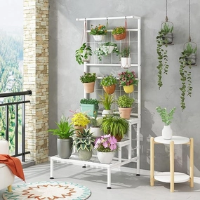 Plant Stand 3-Tier Hanging Shelves Flower Pot Organizer Multiple Flower Display Holder Indoor Outdoor Heavy Duty Potted Planter Rack Unit with Grid Panel for Living Room Balcony cactus succulent plant  