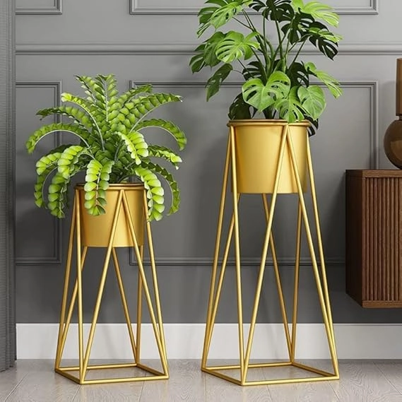 Planters for Indoor - Outdoor Plants & Modern Metal Floor Tall Plant Stand for Garden, Balcony & Living Room & Mid Century Plant Stands with Pots Set of 2
