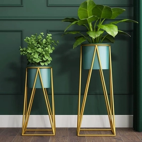 Planters for Indoor - Outdoor Plants & Modern Metal Floor Tall Plant Stand for Garden, Balcony & Living Room & Mid Century Plant Stands with Pots Set of 2 cactus succulent plant  