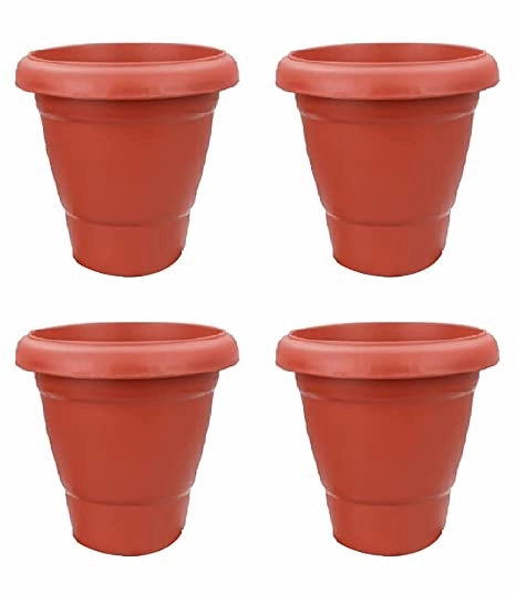 Plastic Planter Pots with Tray (Brown), Pack of 4 hanging green plant  