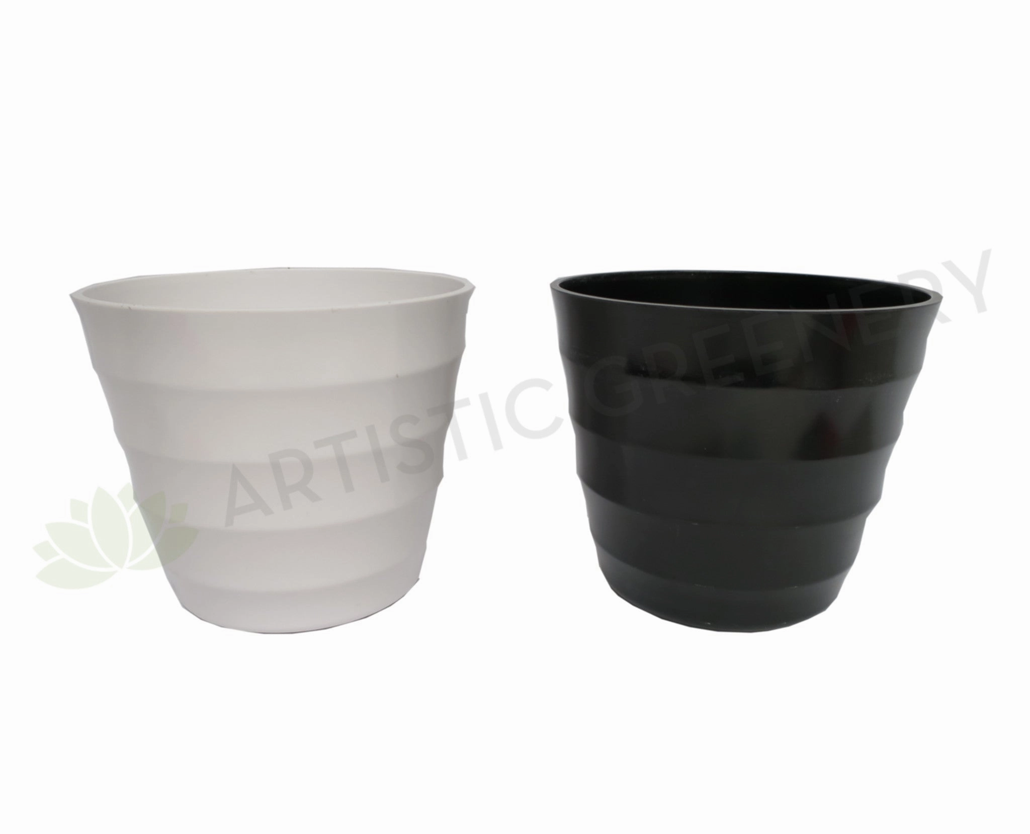 Plastic Pot Round (Thick Lines) - Black / White outdoor greenery  