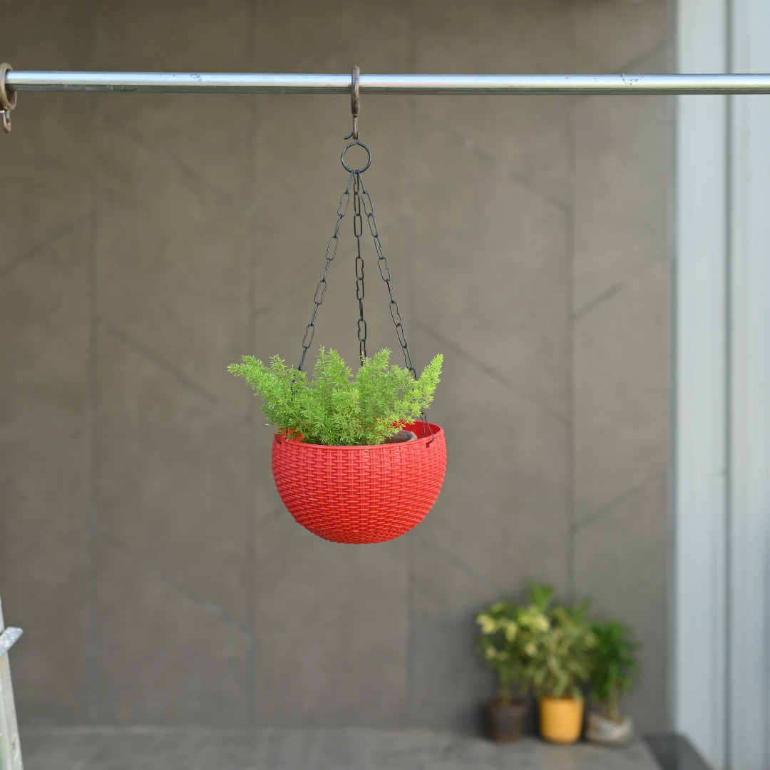 Plastic Rattan Hanging 7.6" Pot With Chain- Set of 4