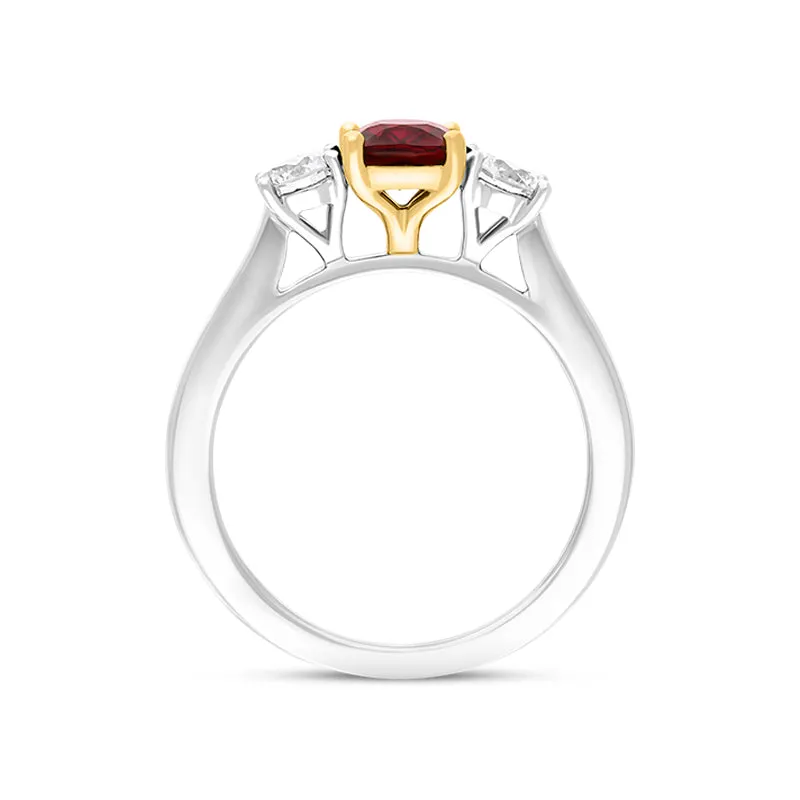 Platinum 1.06ct Ruby Diamond Cushion Cut Three Stone Ring