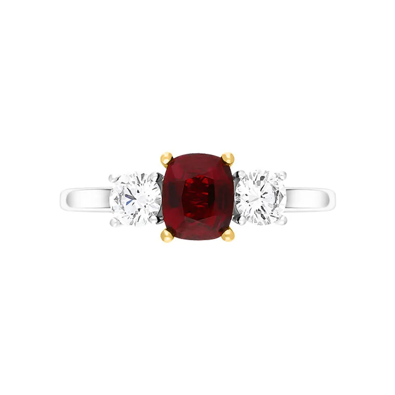Platinum 1.06ct Ruby Diamond Cushion Cut Three Stone Ring