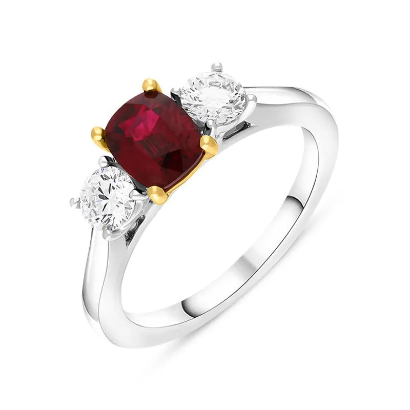 Platinum 1.06ct Ruby Diamond Cushion Cut Three Stone Ring
