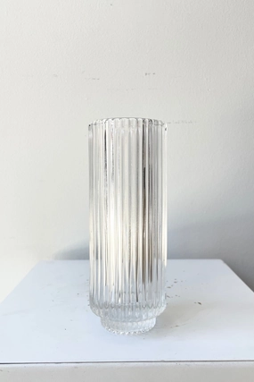 Pleated Clear Glass Vase 6 1/4"" dried green plant  
