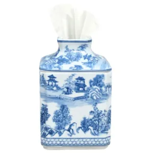 Porcelain Blue & White Chinoiserie Square Tissue Box Cover dried flowers  