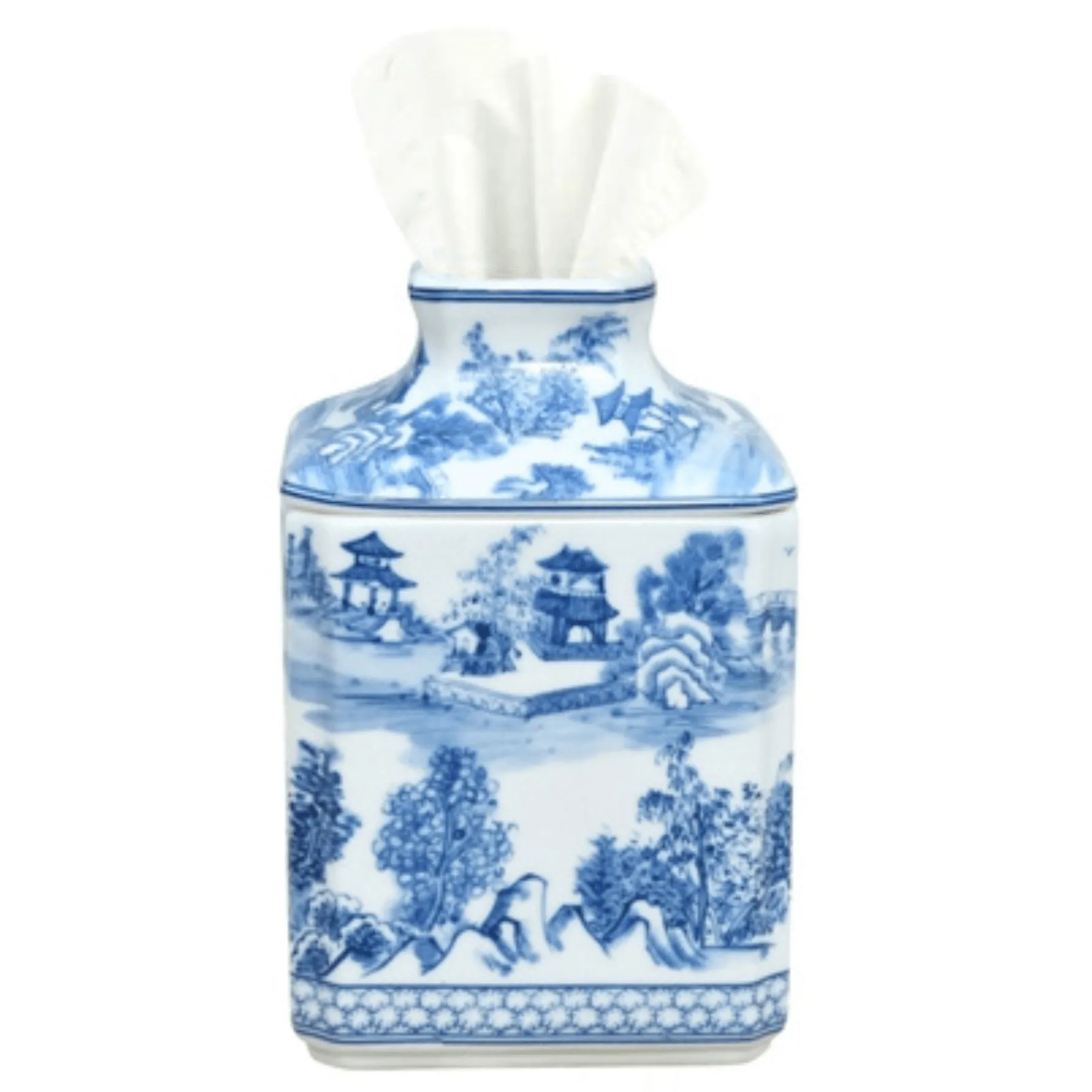 Porcelain Blue & White Chinoiserie Square Tissue Box Cover dried flowers  