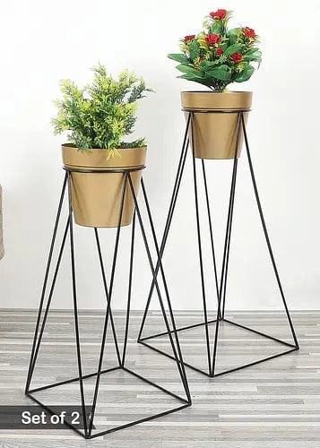 Pot Shape Planter (Gold) with Wide Stand - Set of 2 ceramic planter  