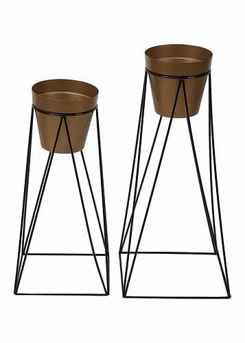 Pot Shape Planter (Gold) with Wide Stand - Set of 2