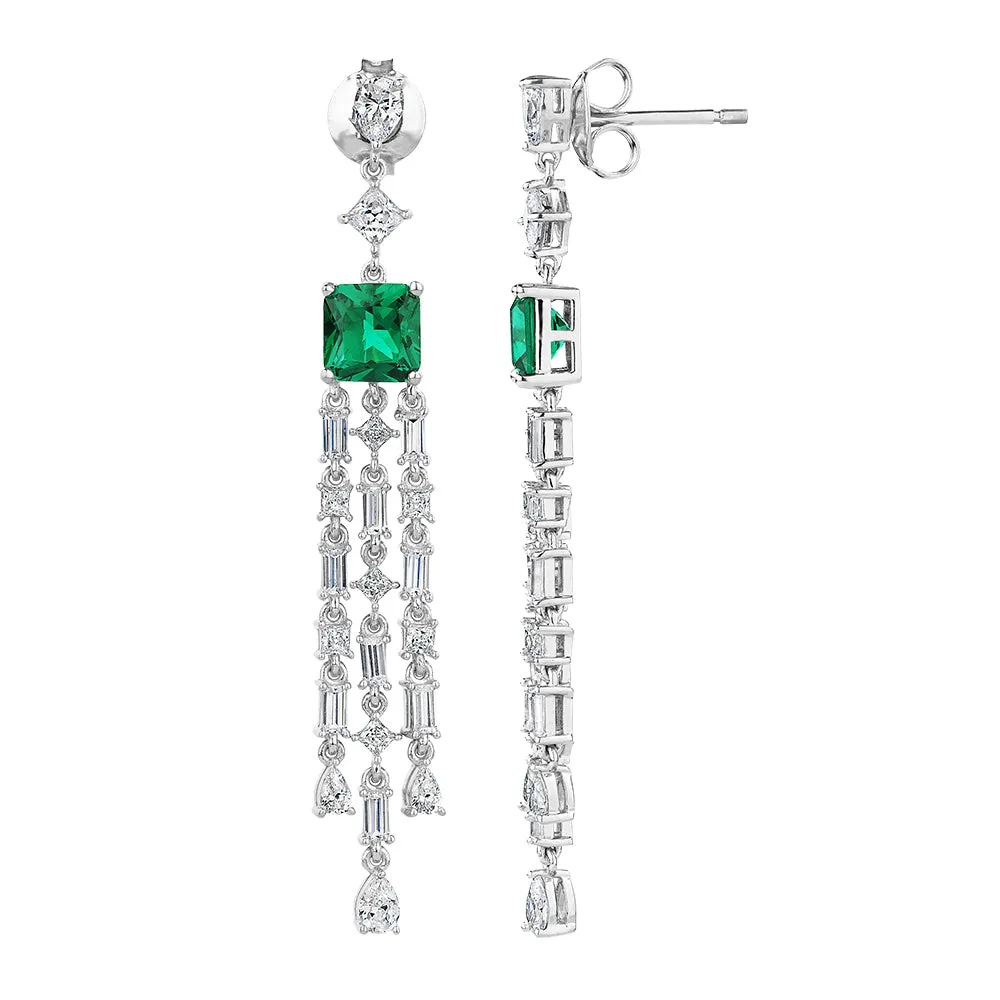 Princess Cut, Pear and Baguette drop earrings with emerald simulants and 5.44 carats* of diamond simulants in sterling silver