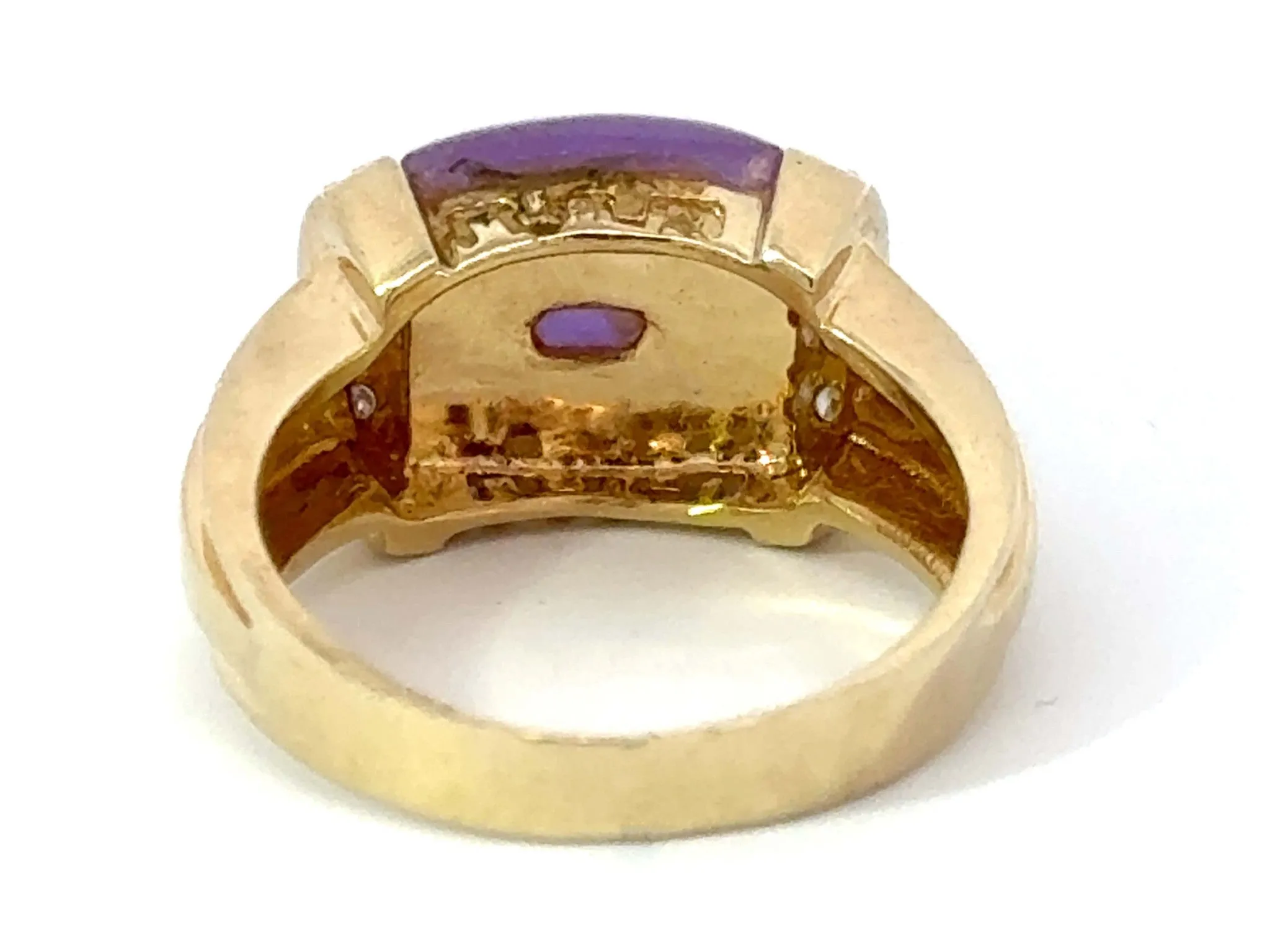 Purple Square Cabochon Jade and Diamond Ring 14k Yellow Gold