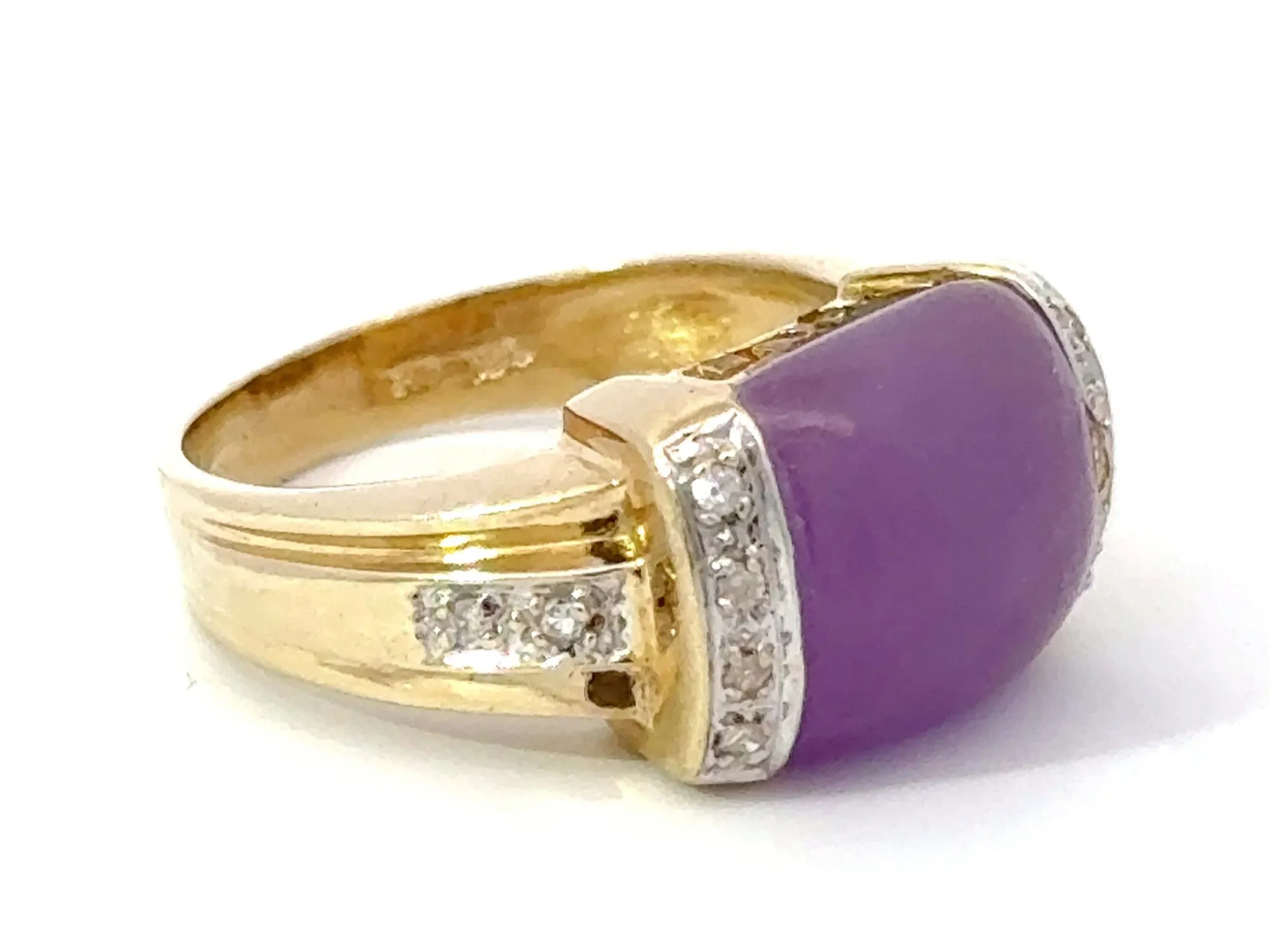 Purple Square Cabochon Jade and Diamond Ring 14k Yellow Gold