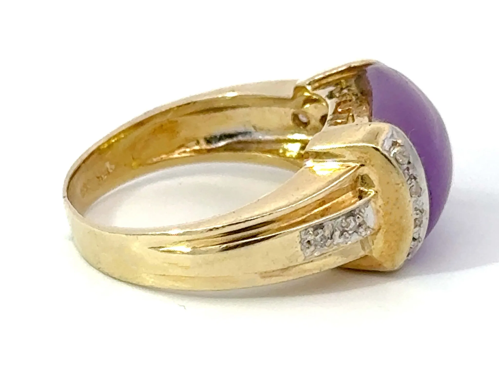 Purple Square Cabochon Jade and Diamond Ring 14k Yellow Gold