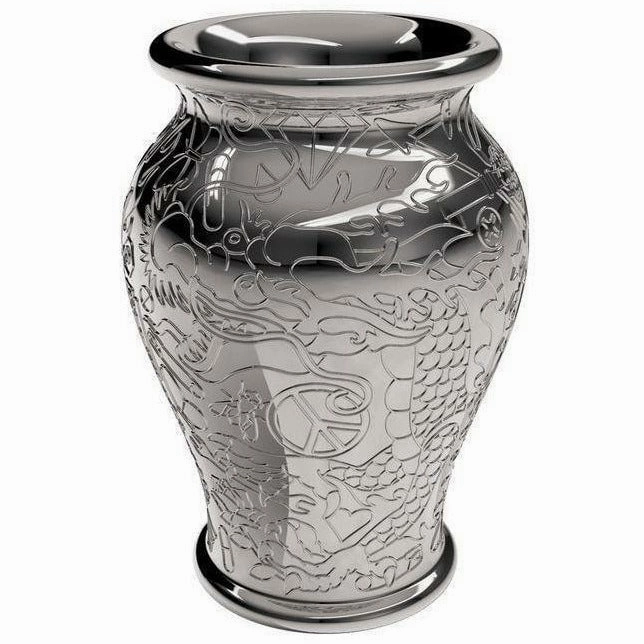 Qeeboo Ming Planter/Champagne Cooler Metal Finish By Studio Job, Silver dried green plant  