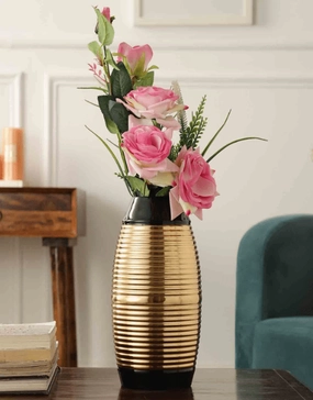 Regal Black and Gold Banded Enamel Vase, outdoor greenery  