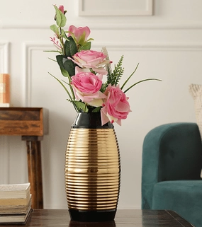 Regal Black and Gold Banded Enamel Vase outdoor greenery  