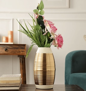 Regal Ivory and Gold Banded Enamel Vase outdoor greenery  