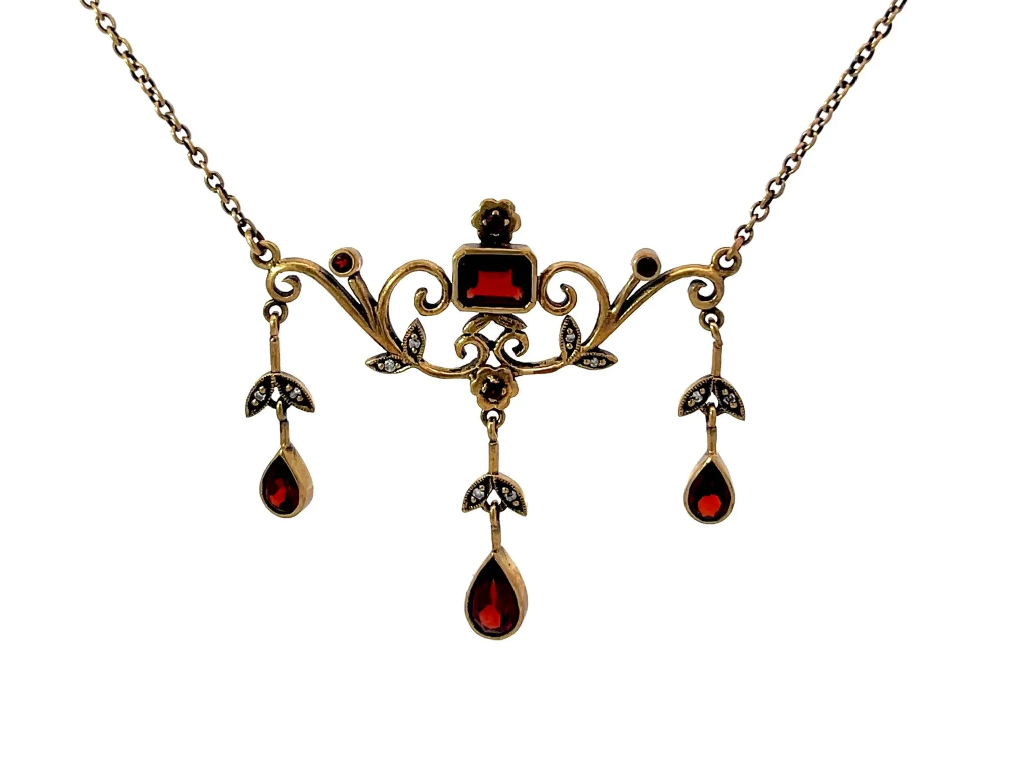 Renaissance Diamond and Red Garnet Dangly Necklace 9k Rose Gold