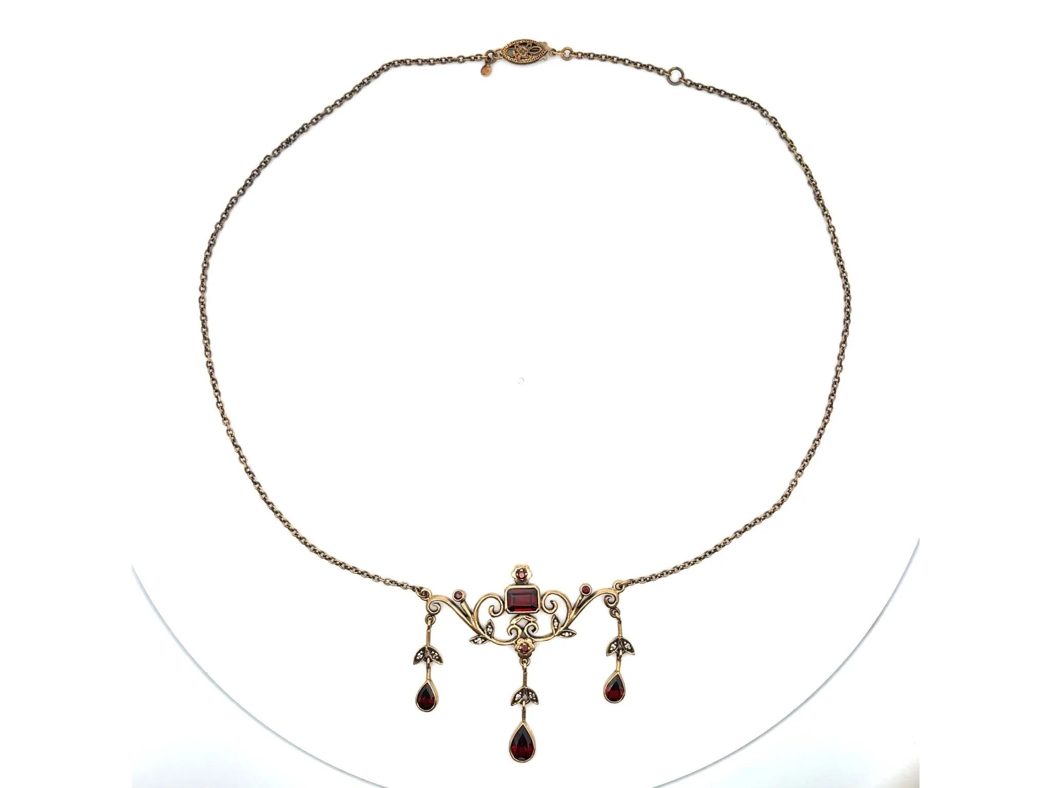 Renaissance Diamond and Red Garnet Dangly Necklace 9k Rose Gold