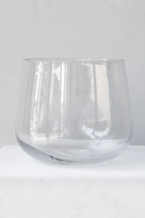 Reverse Taper Round Bottom Vase clear glass 6h x7w dried green plant  