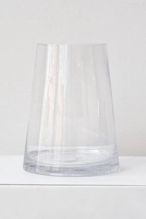 Reverse Taper Round Bottom Vase clear glass 7h x 5.5w x 3.5 dried green plant  