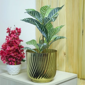 Ribbed Flower Vase - Golden & Metal dried green plant  