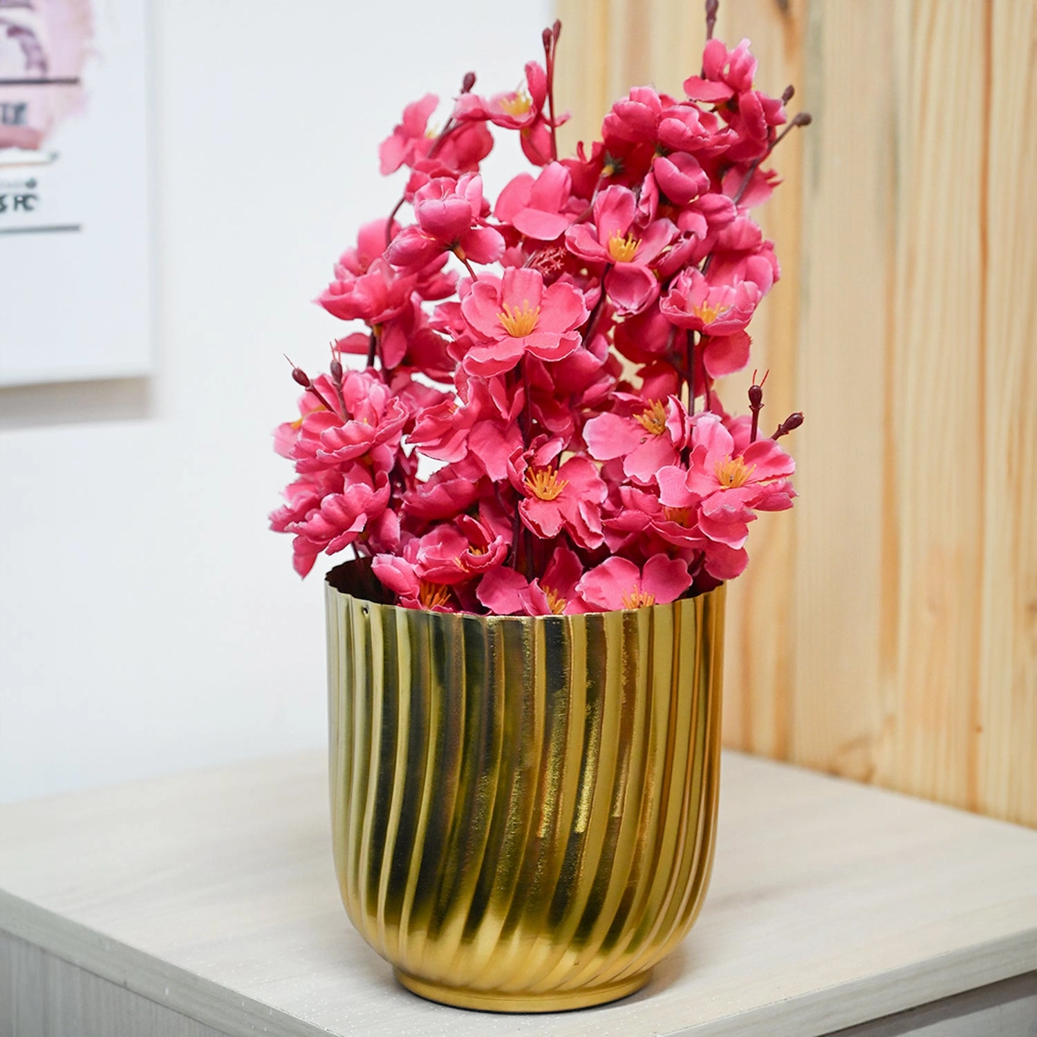 Ribbed Metal Vase - Golden dried green plant  