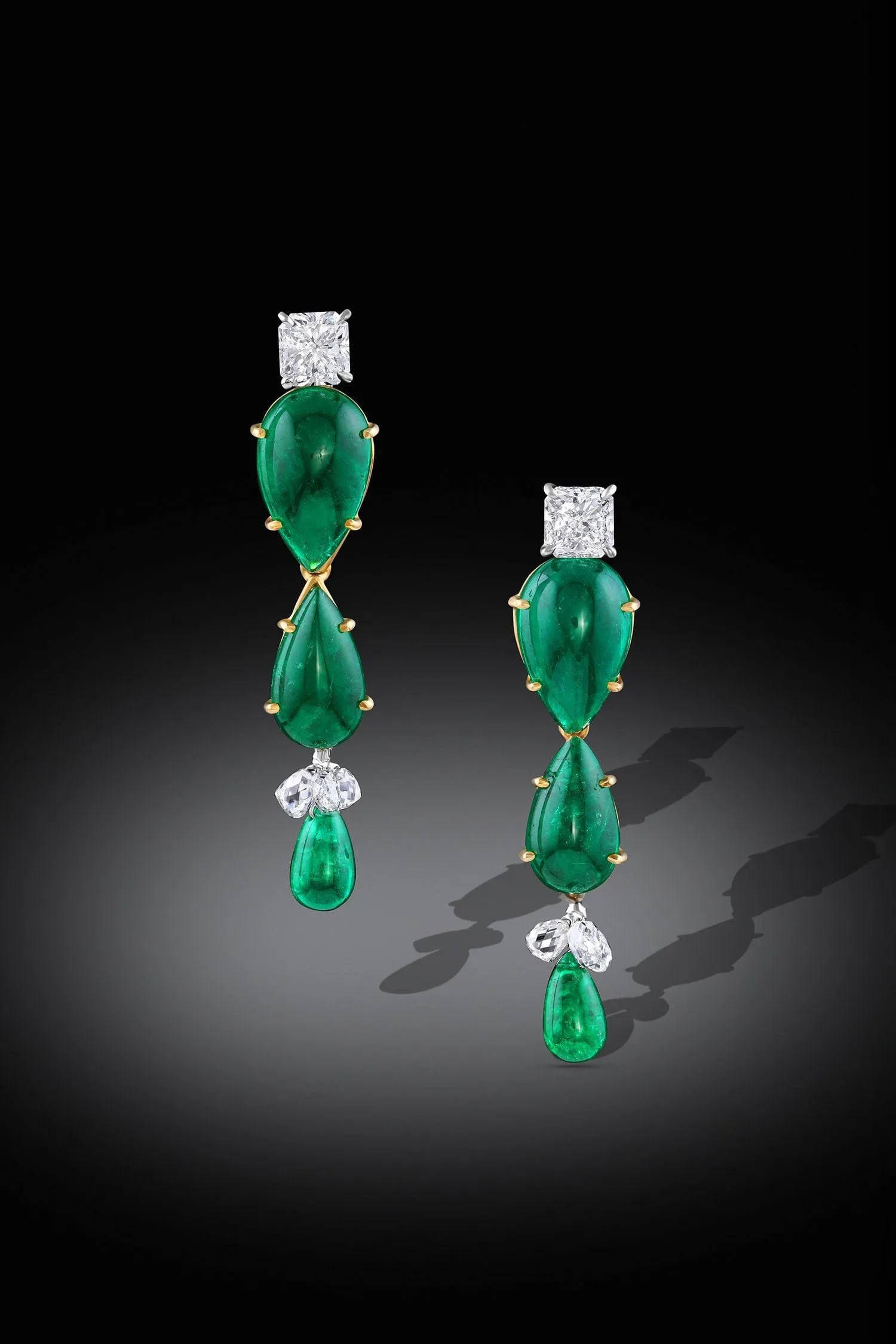 Rivi??re 18K Gold Cabochon Emerald and Diamond Drop Earrings