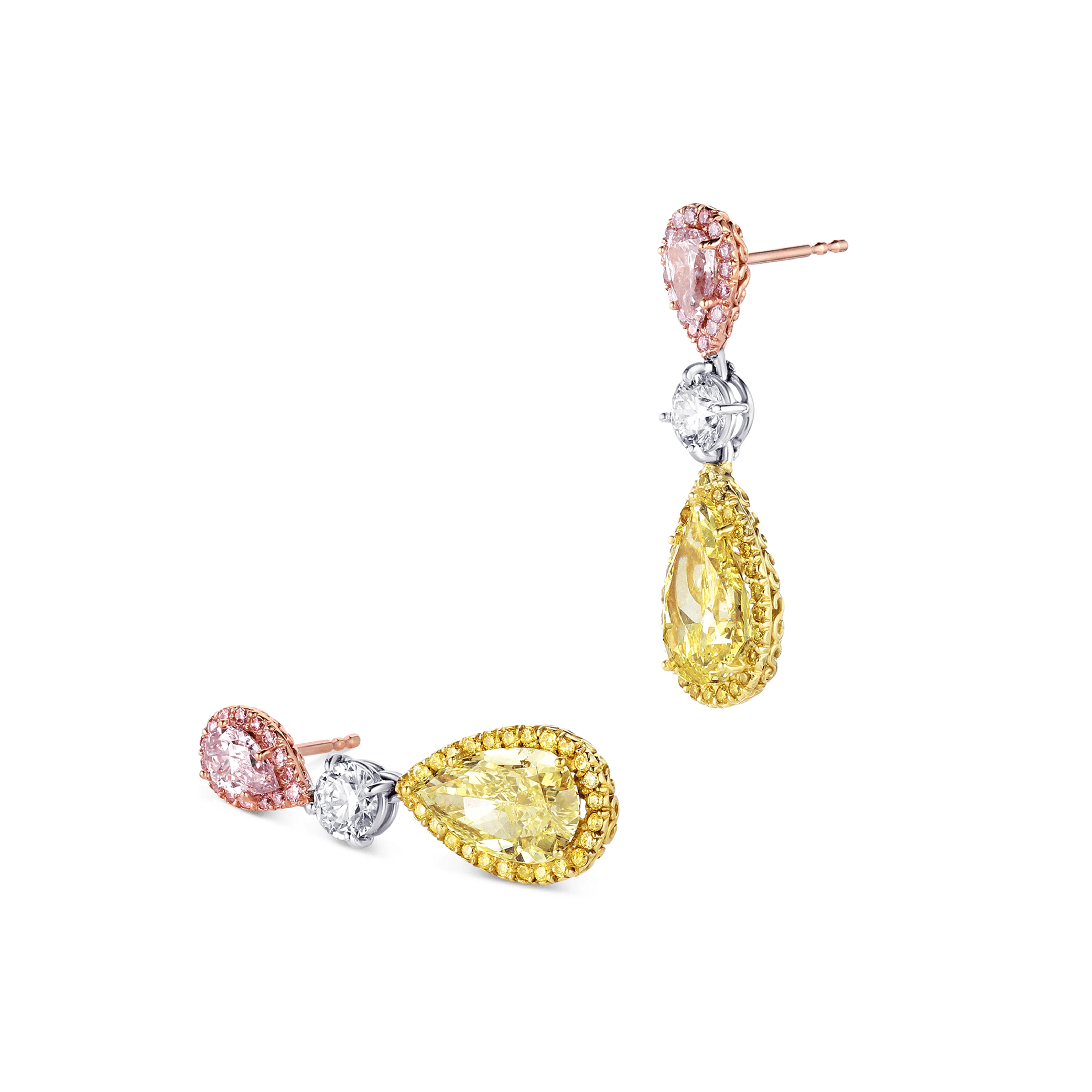 Rivi??re 18k Gold Pear Shaped Fancy Pink & Yellow Earrings, GIA Certified