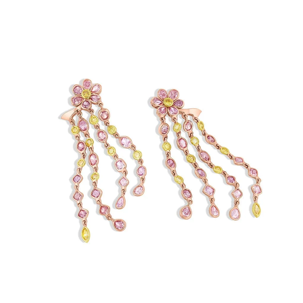 Rivi??re 18k Rose Gold Pink and Yellow Diamond Flower Drop Earrings