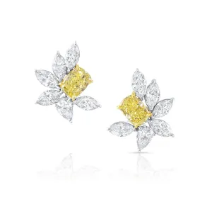 Rivire 18k Yellow Gold and Platinum Fancy Vivid Yellow Cluster Earrings, GIA Certified