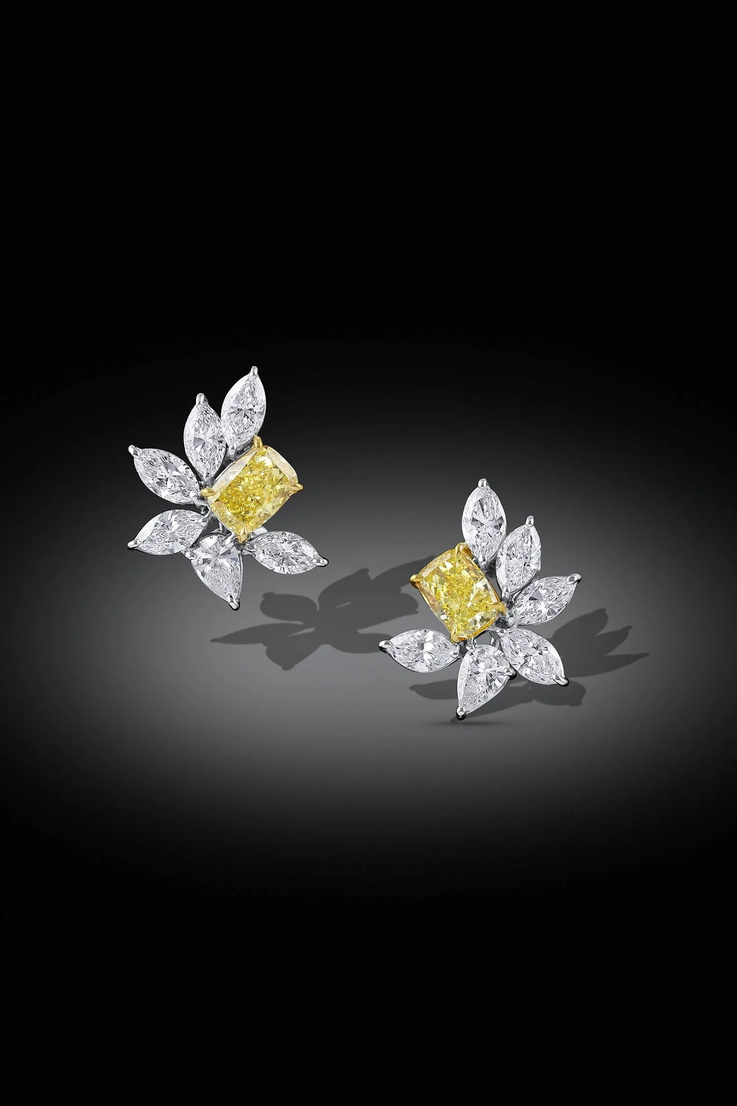 Rivire 18k Yellow Gold and Platinum Fancy Vivid Yellow Cluster Earrings, GIA Certified