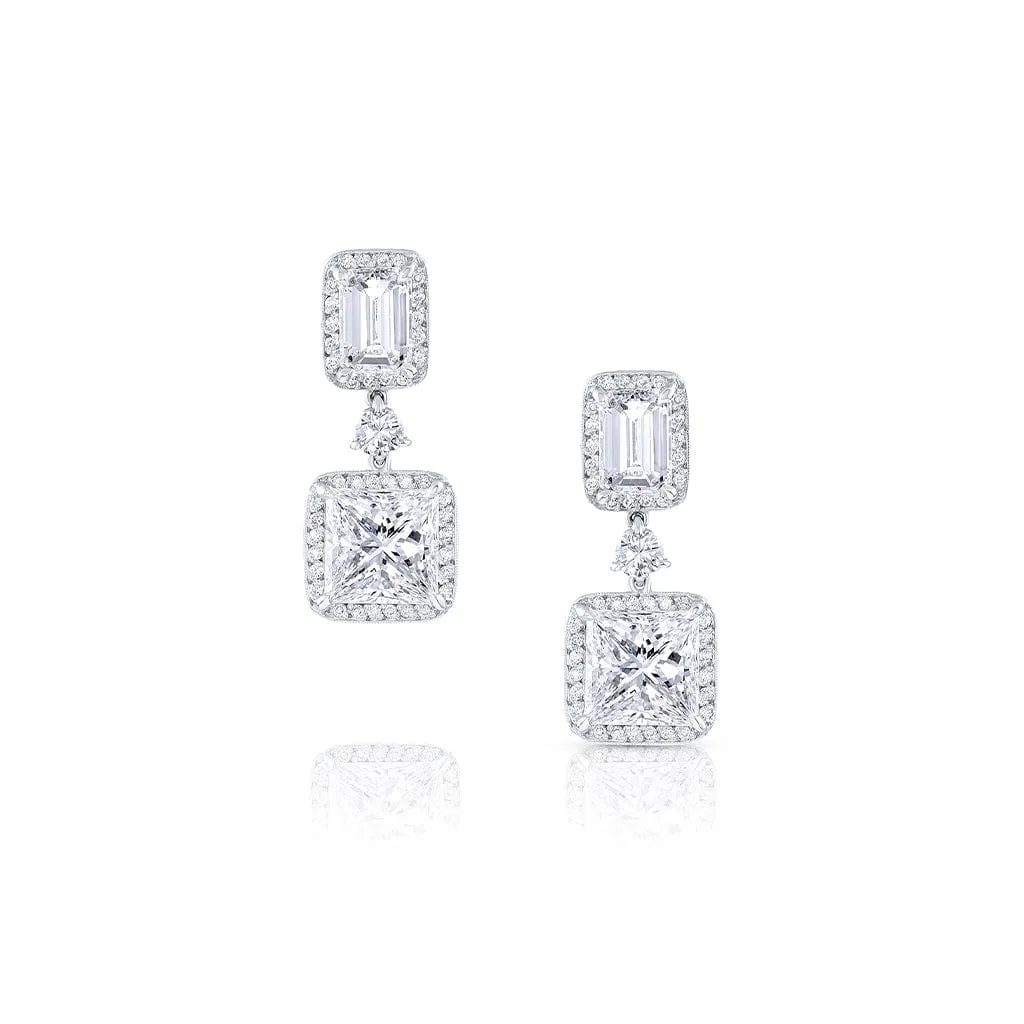 Rivire Platinum Princess and Emerald Diamond Drop Earrings, GIA Certified